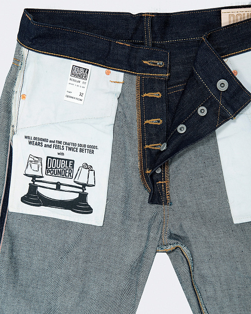 Джинсы DOUBLE POUNDER X-01-S-OW Selvedge Regular Fit — раскладка спереди